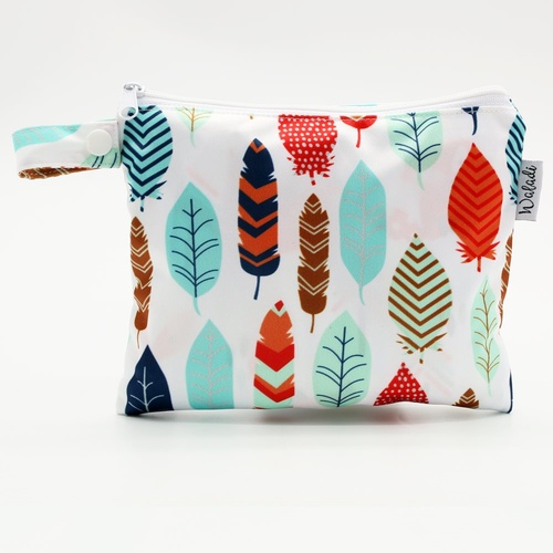 Small Waterproof Wet Bag with Zip 19 x 16cm - Colourful Feather Design