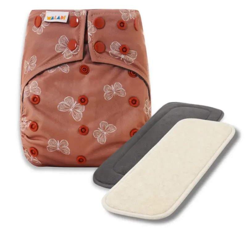 Reusable Cloth Nappy with bamboo charcoal insert and a hemp insert - Butterfly Print - Waladi Cloth Nappies