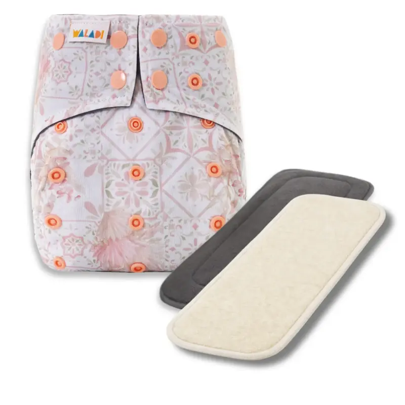 Reusable Cloth Nappy with bamboo charcoal insert and a hemp insert - Garden Mosaic Print - Waladi Cloth Nappies