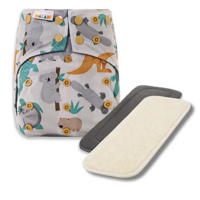 Reusable Cloth Nappy with bamboo charcoal insert and a hemp insert - Aussie Wildlife - Waladi Cloth Nappies Reusable Cloth Nappy with bamboo charcoal insert and a hemp insert - Aussie Wildlife - Waladi Cloth Nappies