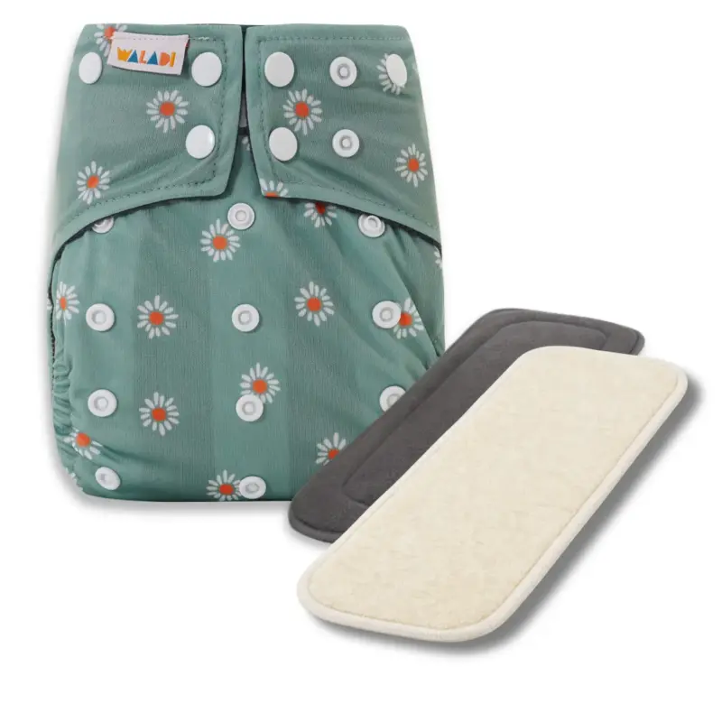 Reusable Cloth Nappy with bamboo charcoal insert and a hemp insert - Little Daisy - Waladi Cloth Nappies
