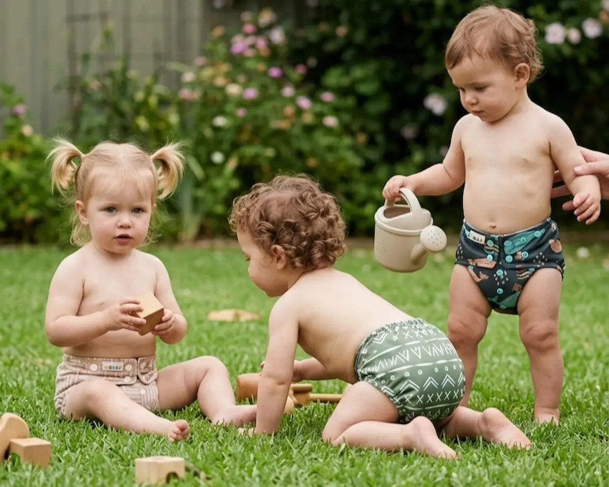 Three children playing outside in Waladi reusable cloth nappies